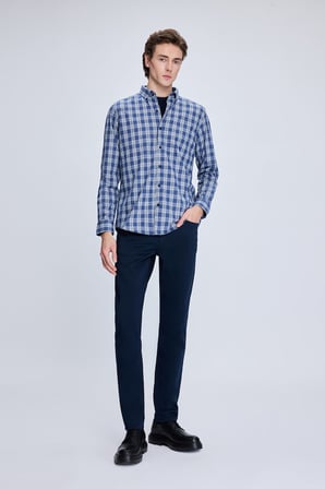 Mavi Slim Fit Kareli Düğmeli Yaka Uzun Kollu Pamuklu Gömlek | M