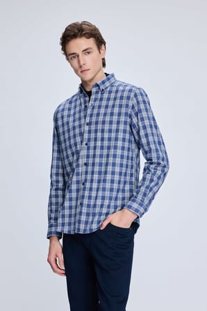Mavi Slim Fit Kareli Düğmeli Yaka Uzun Kollu Pamuklu Gömlek | M