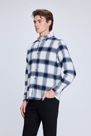 Lacivert  Slim Fit Kareli Düğmeli Yaka Uzun Kollu Pamuklu Gömlek | L