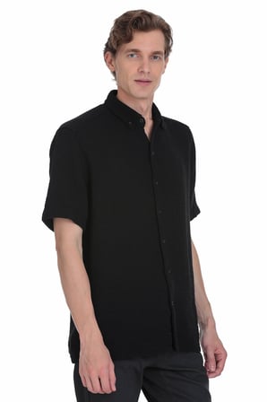 Siyah Comfort Fit Düğmeli Yaka 100% Pamuk Kısa Kollu Casual Gömlek | L