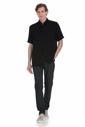 Siyah Comfort Fit Düğmeli Yaka 100% Pamuk Kısa Kollu Casual Gömlek | L