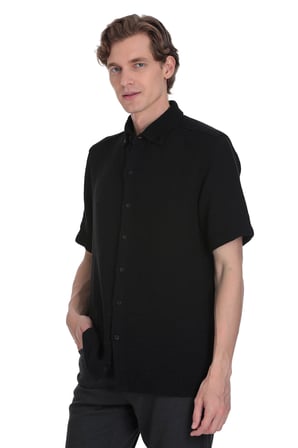 Siyah Comfort Fit Düğmeli Yaka 100% Pamuk Kısa Kollu Casual Gömlek | L