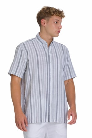 Gri Comfort Fit 100% Pamuk Düğmeli Yaka Kısa Kollu Pamuk Gömlek | XL