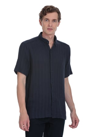 Lacivert Comfort Fit Düğmeli Yaka Kısa Kollu Pamuk Gömlek | XL