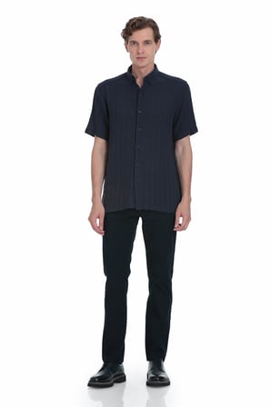 Lacivert Comfort Fit Düğmeli Yaka Kısa Kollu Pamuk Gömlek | XL