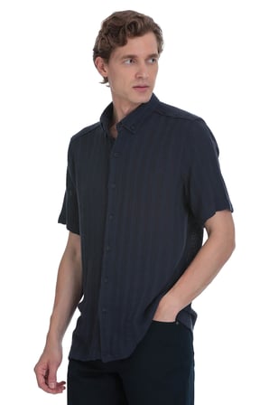 Lacivert Comfort Fit Düğmeli Yaka Kısa Kollu Pamuk Gömlek | XL