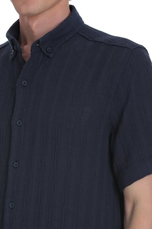 Lacivert Comfort Fit Düğmeli Yaka Kısa Kollu Pamuk Gömlek | XL