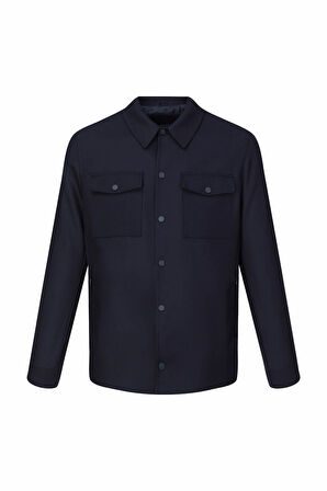 Lacivert Regular Fit Hakim Yaka Yünlü Kaşe Mont | XL