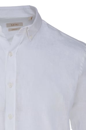 Beyaz Comfort Fit 100% Keten Düğmeli Yaka Uzun Kollu Keten Gömlek | XL