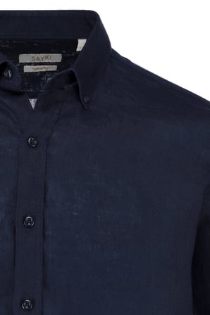 Lacivert Comfort Fit 100% Keten Düğmeli Yaka Uzun Kollu Keten Gömlek | M
