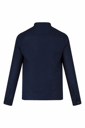 Lacivert Comfort Fit 100% Keten Düğmeli Yaka Uzun Kollu Keten Gömlek | M