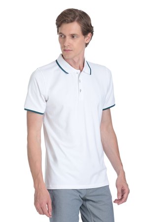 Beyaz Regular Fit Polo Yaka Pamuklu Rayon Tişört | L