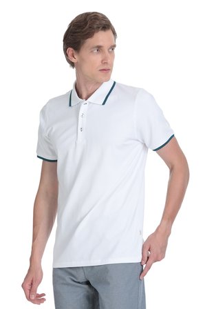 Beyaz Regular Fit Polo Yaka Pamuklu Rayon Tişört | M