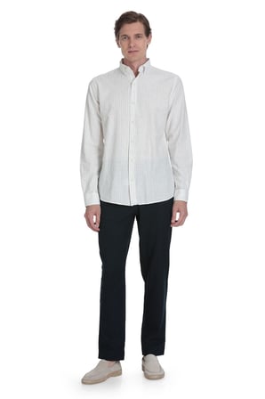 Lacivert Comfort Fit Çizgili Düğmeli Yaka Pamuk-Keten Uzun Kollu Gömlek | S
