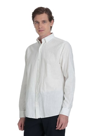 Lacivert Comfort Fit Çizgili Düğmeli Yaka Pamuk-Keten Uzun Kollu Gömlek | S