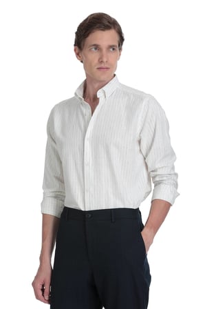 Lacivert Comfort Fit Çizgili Düğmeli Yaka Pamuk-Keten Uzun Kollu Gömlek | S
