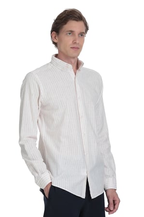 Krem Comfort Fit Çizgili Düğmeli Yaka Pamuk-Keten Uzun Kollu Gömlek | M