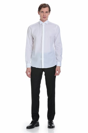 Beyaz Comfort Fit Ata Yaka 100% Pamuk Uzun Kollu Damatlık Gömlek | S