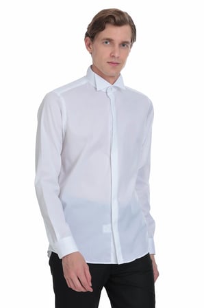 Beyaz Comfort Fit Ata Yaka 100% Pamuk Uzun Kollu Damatlık Gömlek | S