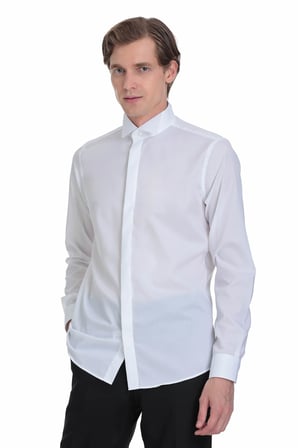 Beyaz Comfort Fit Ata Yaka 100% Pamuk Uzun Kollu Damatlık Gömlek | S