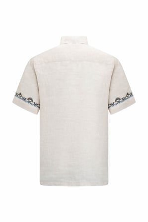 Bej Comfort Fit Düğmeli Yaka Kısa Kollu Keten Gömlek | XL