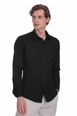 Siyah Slim Fit Slim Yaka Pamuklu Uzun Kollu Gömlek | 3XL