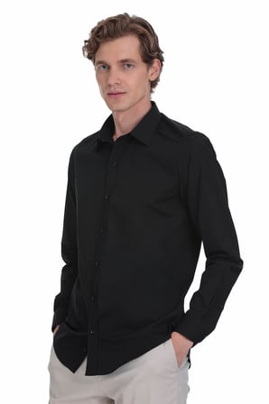Siyah Slim Fit Slim Yaka Pamuklu Uzun Kollu Gömlek | 3XL