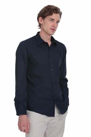 Lacivert Slim Fit Slim Yaka Pamuklu Uzun Kollu Gömlek | 3XL