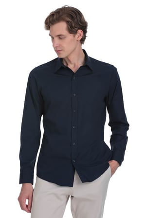 Lacivert Slim Fit Slim Yaka Pamuklu Uzun Kollu Gömlek | 3XL