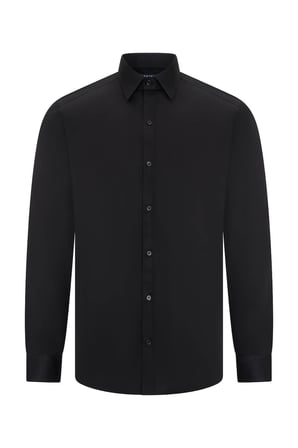 Siyah Slim Fit Açık İtalyan Yaka Uzun Kollu Saten Gömlek | XXL