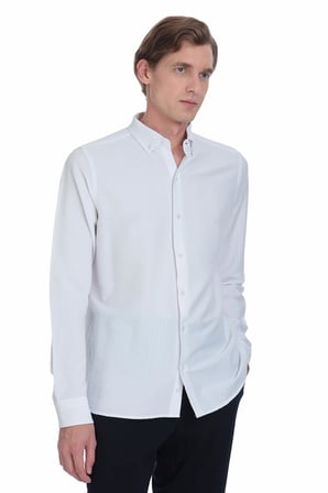 Beyaz Comfort Fit Düğmeli Yaka Uzun Kollu Casual Gömlek | XXL