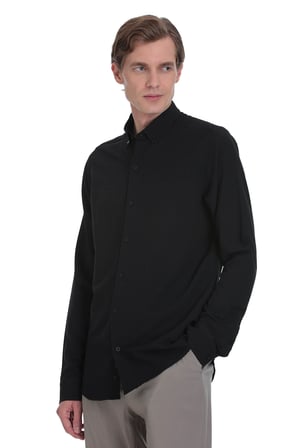Siyah Comfort Fit Düğmeli Yaka Uzun Kollu Casual Gömlek | M