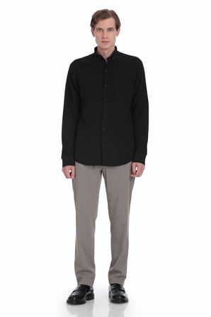 Siyah Comfort Fit Düğmeli Yaka Uzun Kollu Casual Gömlek | XL