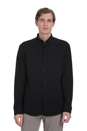Siyah Comfort Fit Düğmeli Yaka Uzun Kollu Casual Gömlek | XL