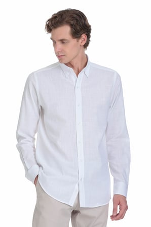 Beyaz Comfort Fit Düğmeli Yaka 100% Pamuk  Uzun Kollu Casual Gömlek | S