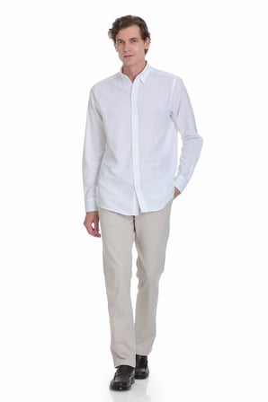 Beyaz Comfort Fit Düğmeli Yaka 100% Pamuk  Uzun Kollu Casual Gömlek | S