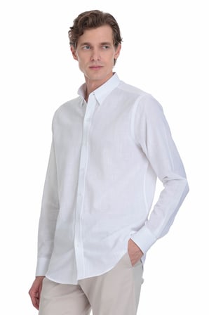 Beyaz Comfort Fit Düğmeli Yaka 100% Pamuk  Uzun Kollu Casual Gömlek | S