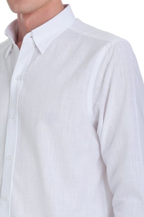 Beyaz Comfort Fit Düğmeli Yaka 100% Pamuk  Uzun Kollu Casual Gömlek | S
