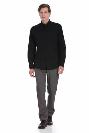 Siyah Comfort Fit Düğmeli Yaka 100% Pamuk  Uzun Kollu Casual Gömlek | S