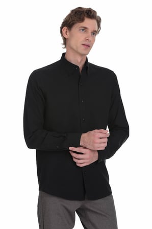 Siyah Comfort Fit Düğmeli Yaka 100% Pamuk  Uzun Kollu Casual Gömlek | S