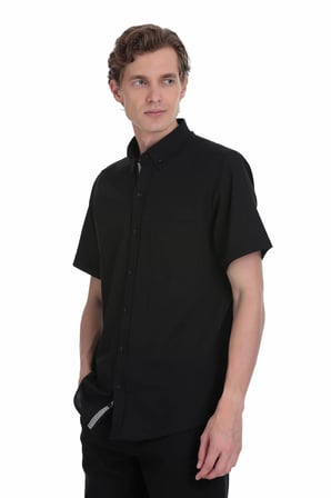 Siyah Comfort Fit Düğmeli Yaka 100% Pamuk Kısa Kollu Casual Gömlek | S