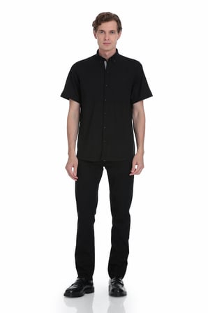 Siyah Comfort Fit Düğmeli Yaka 100% Pamuk Kısa Kollu Casual Gömlek | S