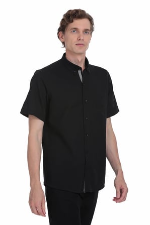 Siyah Comfort Fit Düğmeli Yaka 100% Pamuk Kısa Kollu Casual Gömlek | S
