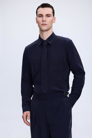 Lacivert Slim Fit Slim Yaka Pamuklu Uzun Kollu Gömlek | L