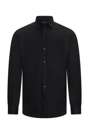 Siyah Comfort Fit Slim Yaka 100% Pamuk Devrik Manşet Uzun Kollu Saten Gömlek | XXL