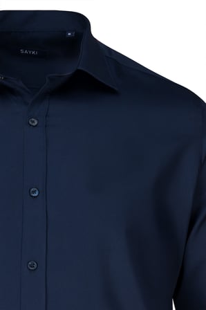 Lacivert Klasik Fit Slim Yaka 100% Pamuk Uzun Kollu Saten Gömlek | XL