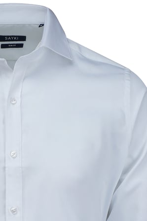 Beyaz Slim Fit Açık İtalyan Yaka Pamuklu Saten Uzun Kollu Gömlek | L