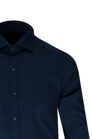 Lacivert Slim Fit Açık İtalyan Yaka Pamuklu Saten Uzun Kollu Gömlek | L
