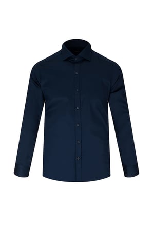 Lacivert Slim Fit Açık İtalyan Yaka Pamuklu Saten Uzun Kollu Gömlek | XL