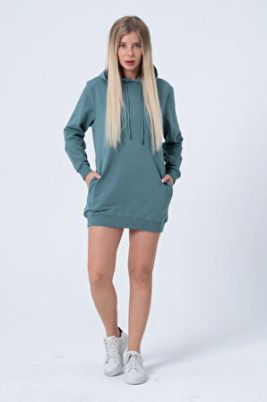 Siyah Uzun Sweatshirt Elbise Tunik Uzun Kollu Yandan Cepli